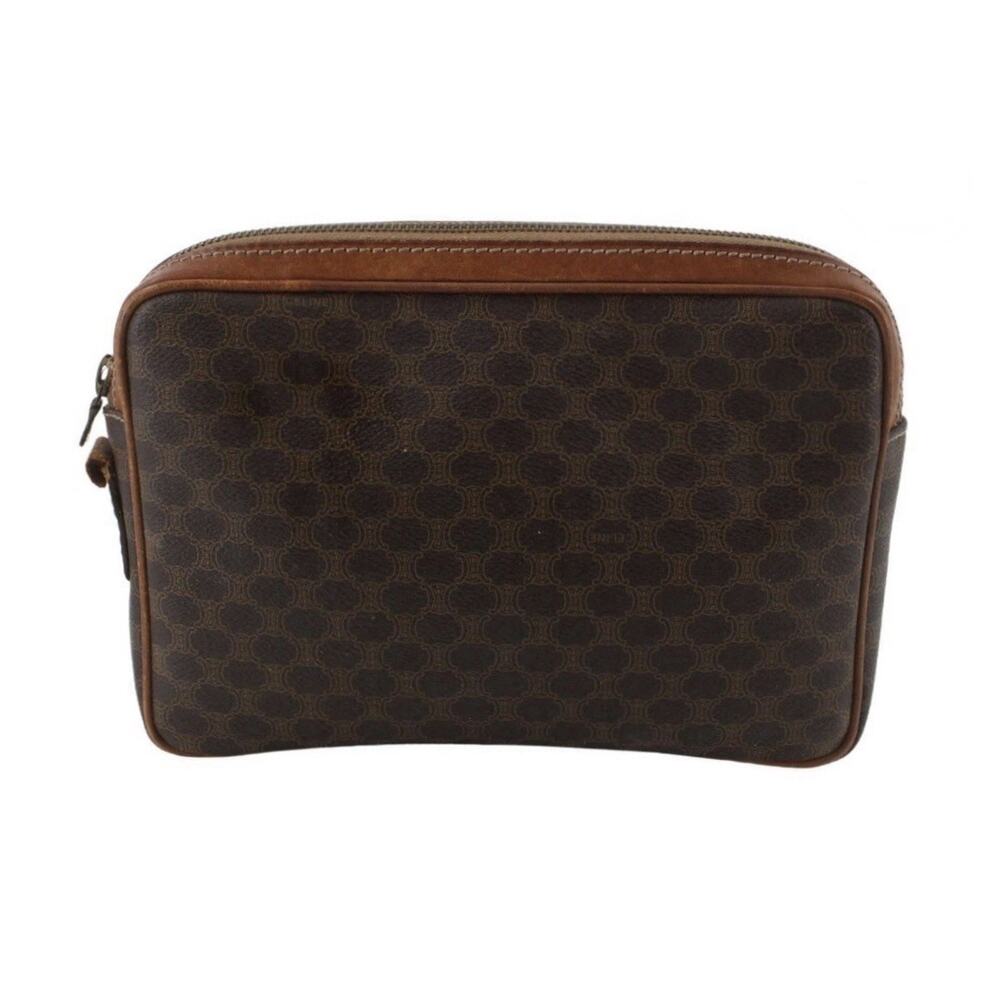 Celine Brown Macadam Pochette Clutch Pouch Bag Auth Vintage Leather Trim